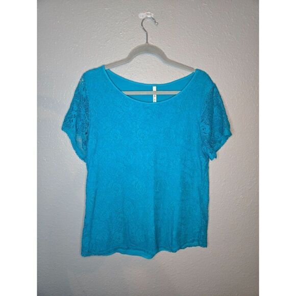Leo & Nicole Women's Blue Crochet Overlay Cotton Blend Short Sleeve Top Medium - Picture 3 of 7